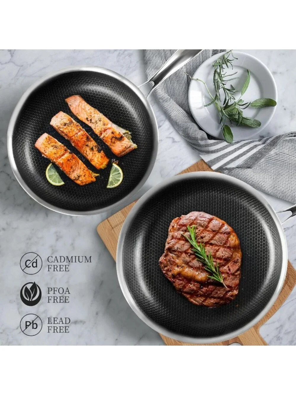 Non-Stick Stainless Steel Frying Pan Set with Lid | Honeycomb Coating